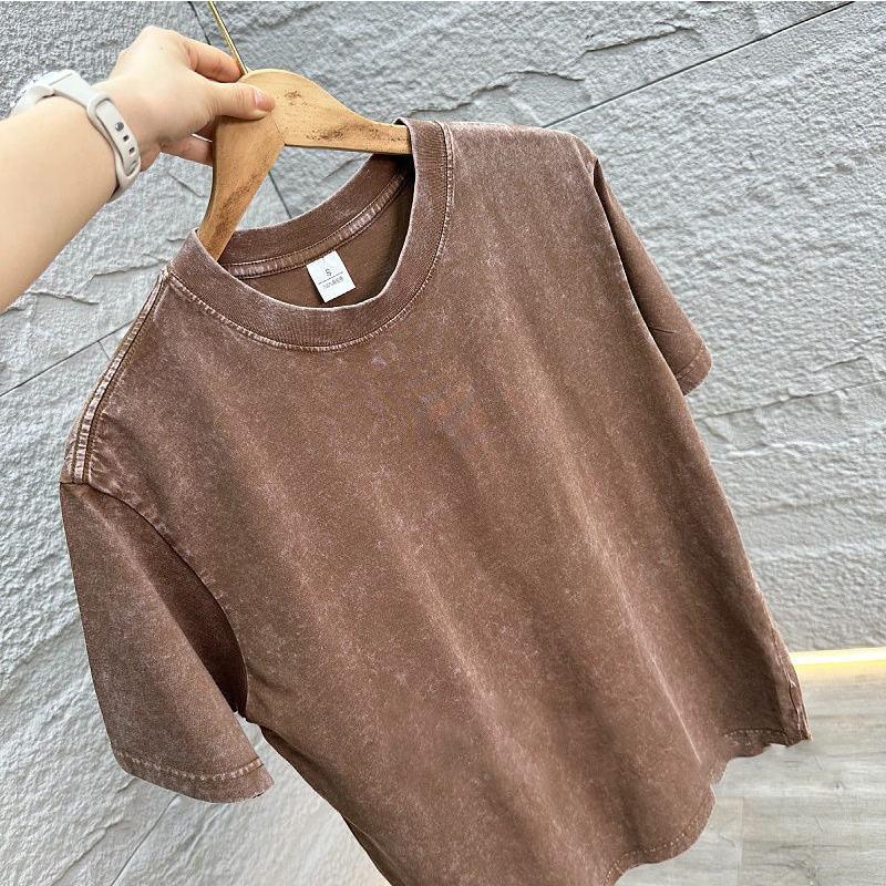 Men's Retro 230GSM Wash Loose Old T-shirt 100% Cotton Short Sleeve Round Neck Coffee Color Clothing